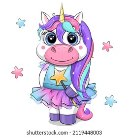 A cute cartoon unicorn in a colorful dress is holding a magic wand. Vector illustration of an animal on a white background with stars.