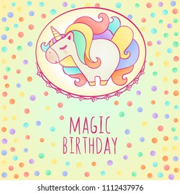 Cute cartoon unicorn with colorful hair. Vector illustration of magic creature. Unicorn character in flat design