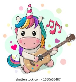 Caricatura unicornio con pelo colorido toca guitarra