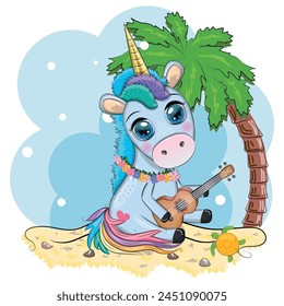 Cute Cartoon Unicorn with colorful hair is playing ukulele guitar, love for music