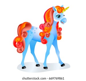 Cute cartoon unicorn with colorful mane and tail. Isolated image on white. Vector illustration.