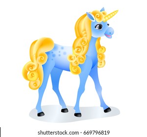 Cute cartoon unicorn with colorful mane and tail. Isolated image on white. Vector illustration.