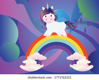 Cute cartoon unicorn with colorful rainbow illustration.