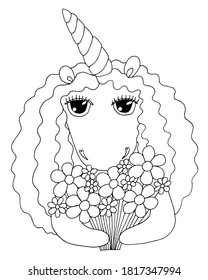Cute cartoon Unicorn for coloring book or page. Isolated line unicorn. Unicor coloring sheet.