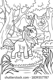 cute cartoon unicorn, coloring book, funny illustration