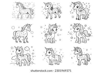 A Cute Cartoon Unicorn Coloring Page in The Style of Polka Line | Unicorn Coloring Pages For Children