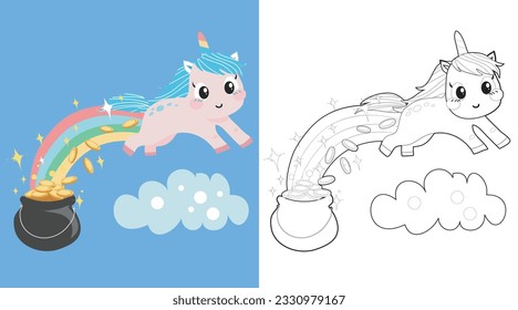 Cute cartoon unicorn coloring page. Coloring the unicorn celebrating the St. Patrick’s Day worksheet. Coloring activity for children. Printable educational coloring worksheet. Vector file.