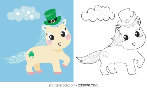 Cute cartoon unicorn coloring page. Coloring the unicorn celebrating the St. Patrick’s Day worksheet. Coloring activity for children. Printable educational coloring worksheet. Vector file.