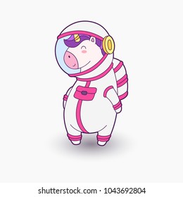 Cute cartoon unicorn cosmonaut. Vector illustration. Funny unicorn in space suit