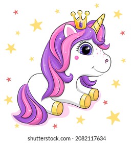 Cute Cartoon Einhorn mit Krone. Vektorgrafik eines Einhorns auf weißem Hintergrund mit Sternen.