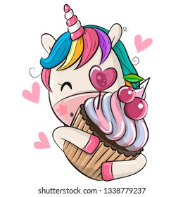 Cute Cartoon Unicorn with Cupcake on a white background