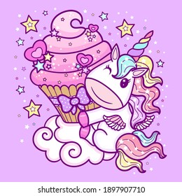 Cute cartoon unicorn with a cupcake on a cloud. Fantasy animal. Children's illustration. For the design of prints, posters, cards, stickers, badges. Vector.