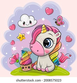 Cute Cartoon Unicorn with cupcake on the meadow