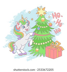 Cute cartoon unicorn decorating Christmas tree. Vector illustration in soft colors. Happy New Year card for children. For print, cards, invitation, sublimation, t shirt and clothes design