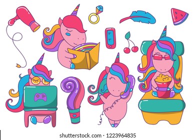 Cute cartoon unicorn doing different activities, watching TV, reading, playing games. Doodle pink unicorn with feminine objects.