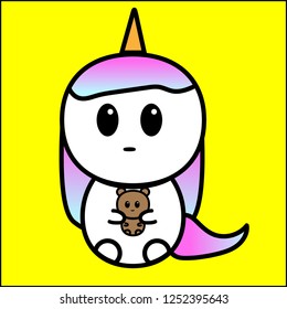 Cute cartoon unicorn with doll in hand, vector graphics