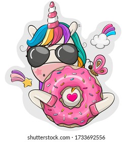 Cute Cartoon Unicorn with donut on a white background