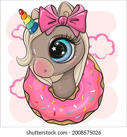 Cute Cartoon Unicorn with donut on a pink background