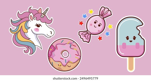 Lindo unicornio de dibujos animados y conjunto de pegatinas de donas. Ilustración vectorial.