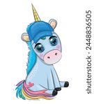 Cute cartoon unicorn dressed as a hula dancer, Hawaii, ready to go character. Summer