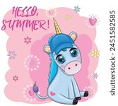 Cute cartoon unicorn dressed as a hula dancer, Hawaii, ready to go character. Summer