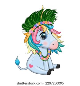 Cute cartoon unicorn dressed as a hula dancer, Hawaii, ready to go character. Summer, sea, palm trees, beach.