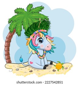 Cute cartoon unicorn dressed as a hula dancer, Hawaii, ready to go character. Summer, sea, palm trees, beach.