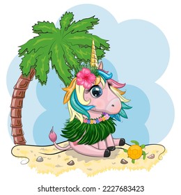 Cute cartoon unicorn dressed as a hula dancer, Hawaii, ready to go character. Summer, sea, palm trees, beach.