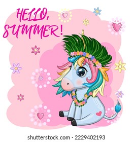 Cute cartoon unicorn dressed as a hula dancer, Hawaii, ready to go character. Summer