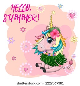Cute cartoon unicorn dressed as a hula dancer, Hawaii, ready to go character. Summer