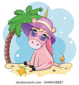 Cute cartoon unicorn dressed as a hula dancer, Hawaii, ready to go character. Summer