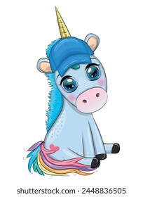 Cute cartoon unicorn dressed as a hula dancer, Hawaii, ready to go character. Summer