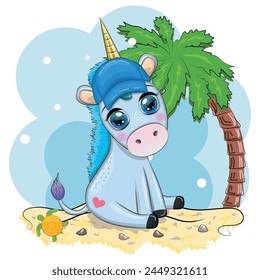 Cute cartoon unicorn dressed as a hula dancer, Hawaii, ready to go character. Summer