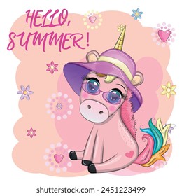 Cute cartoon unicorn dressed as a hula dancer, Hawaii, ready to go character. Summer