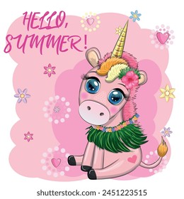 Cute cartoon unicorn dressed as a hula dancer, Hawaii, ready to go character. Summer