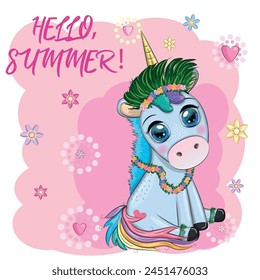 Cute cartoon unicorn dressed as a hula dancer, Hawaii, ready to go character. Summer