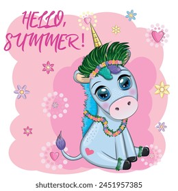 Cute cartoon unicorn dressed as a hula dancer, Hawaii, ready to go character. Summer