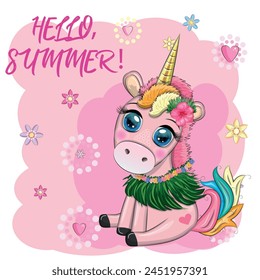 Cute cartoon unicorn dressed as a hula dancer, Hawaii, ready to go character. Summer