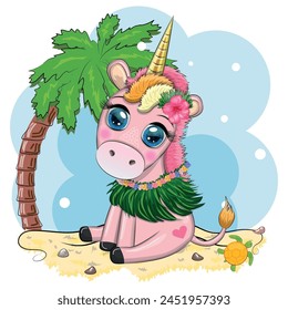 Cute cartoon unicorn dressed as a hula dancer, Hawaii, ready to go character. Summer