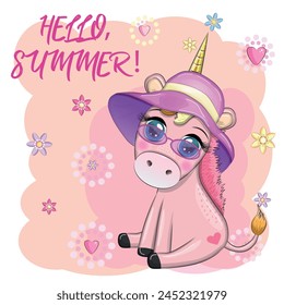 Cute cartoon unicorn dressed as a hula dancer, Hawaii, ready to go character. Summer