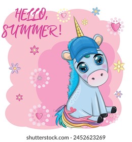 Cute cartoon unicorn dressed as a hula dancer, Hawaii, ready to go character. Summer