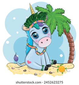 Cute cartoon unicorn dressed as a hula dancer, Hawaii, ready to go character. Summer