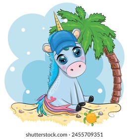 Cute cartoon unicorn dressed as a hula dancer, Hawaii, ready to go character. Summer