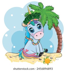 Cute cartoon unicorn dressed as a hula dancer, Hawaii, ready to go character. Summer