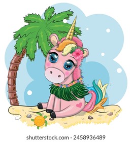 Cute cartoon unicorn dressed as a hula dancer, Hawaii, ready to go character. Summer