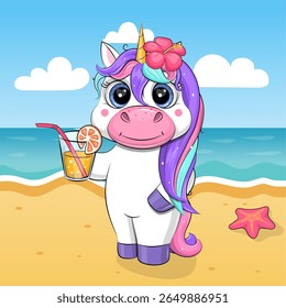A Cute Cartoon Unicorn with a Drink on the Beach. Summer animal vector illustration with sea, sun, sand, starfish.