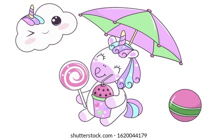 Cute Cartoon Unicorn drinks a cold watermelon cocktail under a bright sun umbrella. Design of children's t-shirts and interactive cards. Isolated on a white. Stock vector illustration