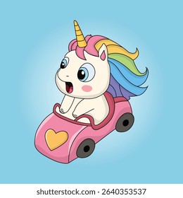 Cute Cartoon Unicorn Driving a Pink Car