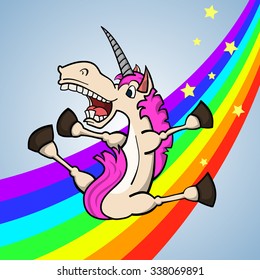 Cute cartoon unicorn falling down along the rainbow on light blue background. Vector illustration.