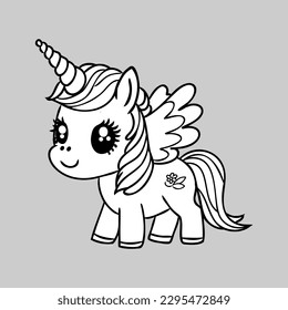 Cute cartoon unicorn . Fantastic animal. Black and white, linear, image. For the design of coloring books, prints, posters, stickers, tattoos, etc. Vector